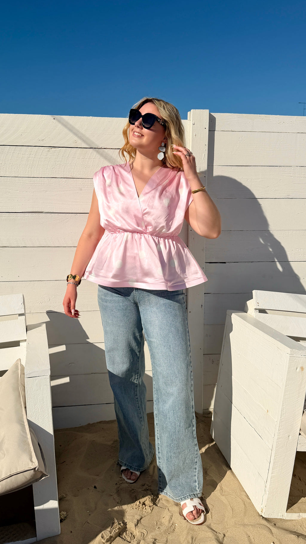 TOP COL V À POIS ROSE - AURA