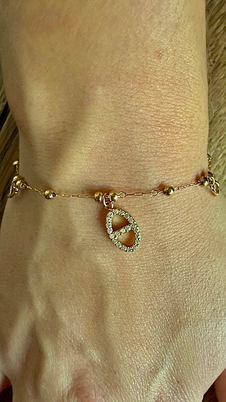 BRACELET CHAÎNE À BILLES DORÉ PENDENTIF MAILLE MARINE STRASS - ÉGLANTINE