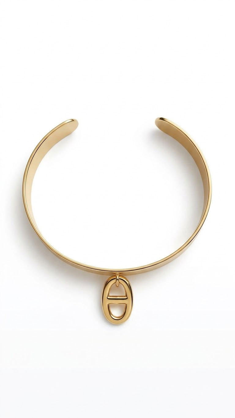 BRACELET JONC RIGIDE DORÉ PENDENTIF MAILLE MARINE MAILLON ANCRE - HÉLENE