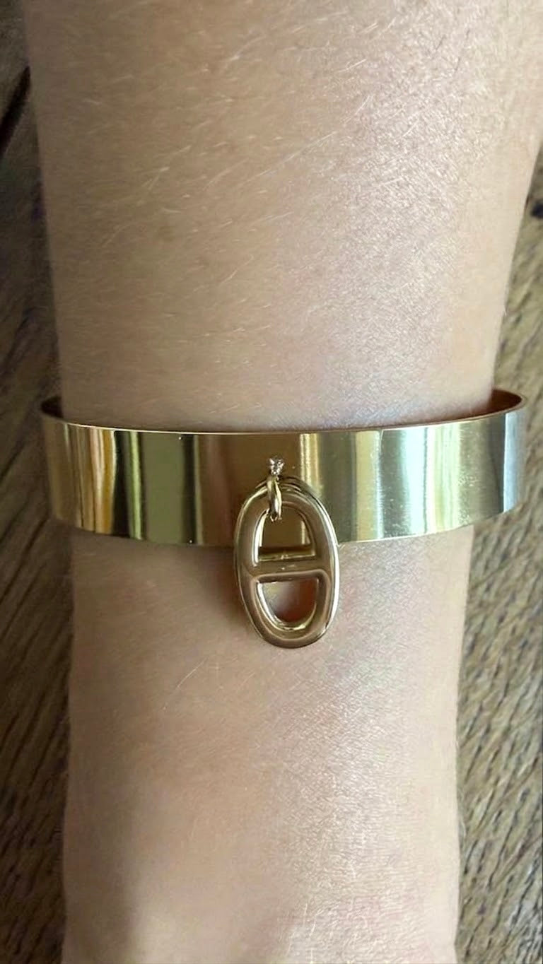 BRACELET JONC RIGIDE DORÉ PENDENTIF MAILLE MARINE MAILLON ANCRE - HÉLENE