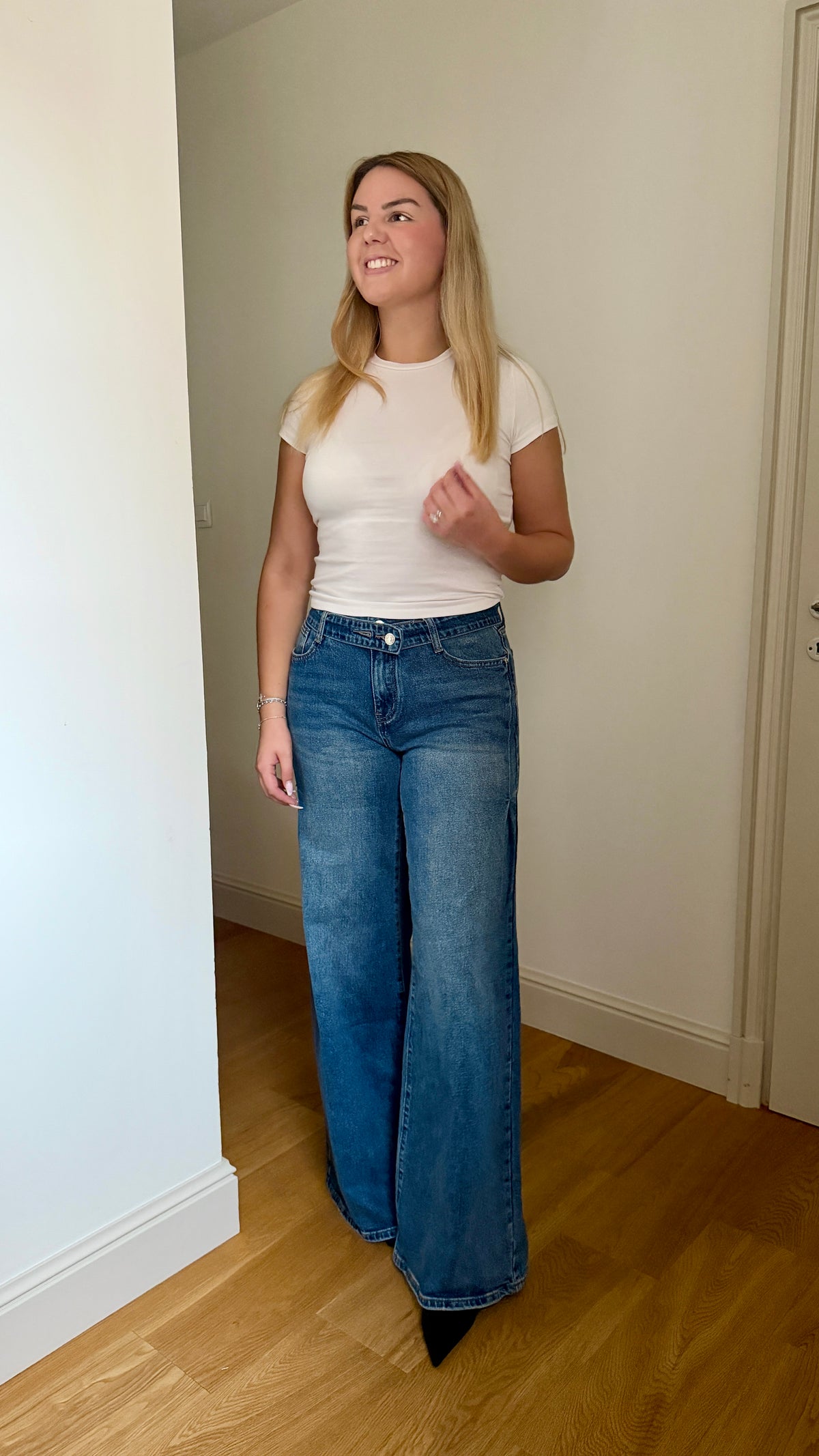 JEAN PALAZZO LARGE À EFFET DOUBLE CEINTURE BLEU - NORA
