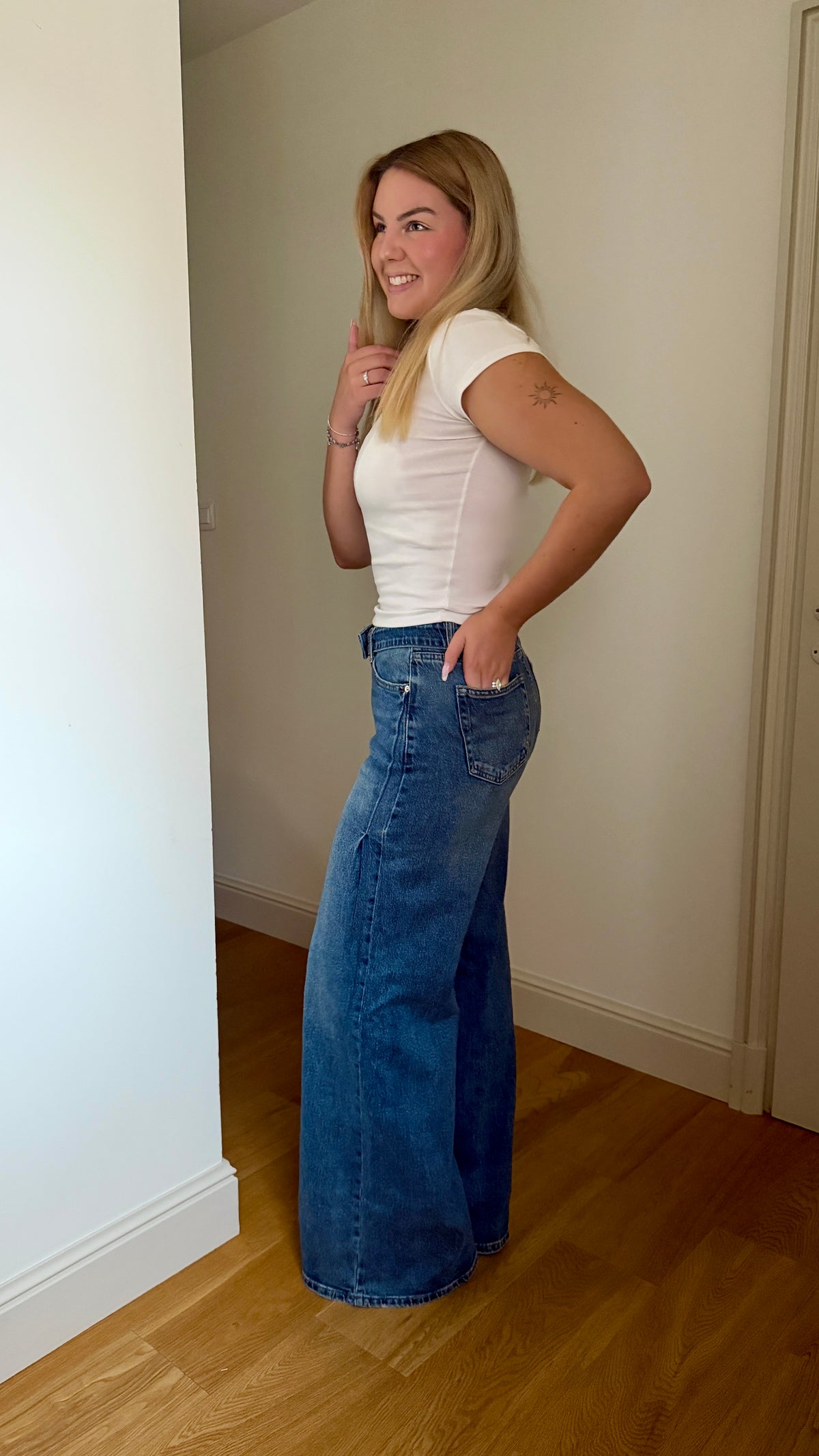 JEAN PALAZZO LARGE À EFFET DOUBLE CEINTURE BLEU - NORA