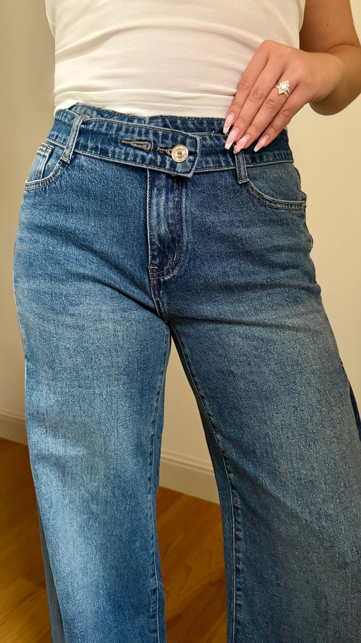 JEAN PALAZZO LARGE À EFFET DOUBLE CEINTURE BLEU - NORA