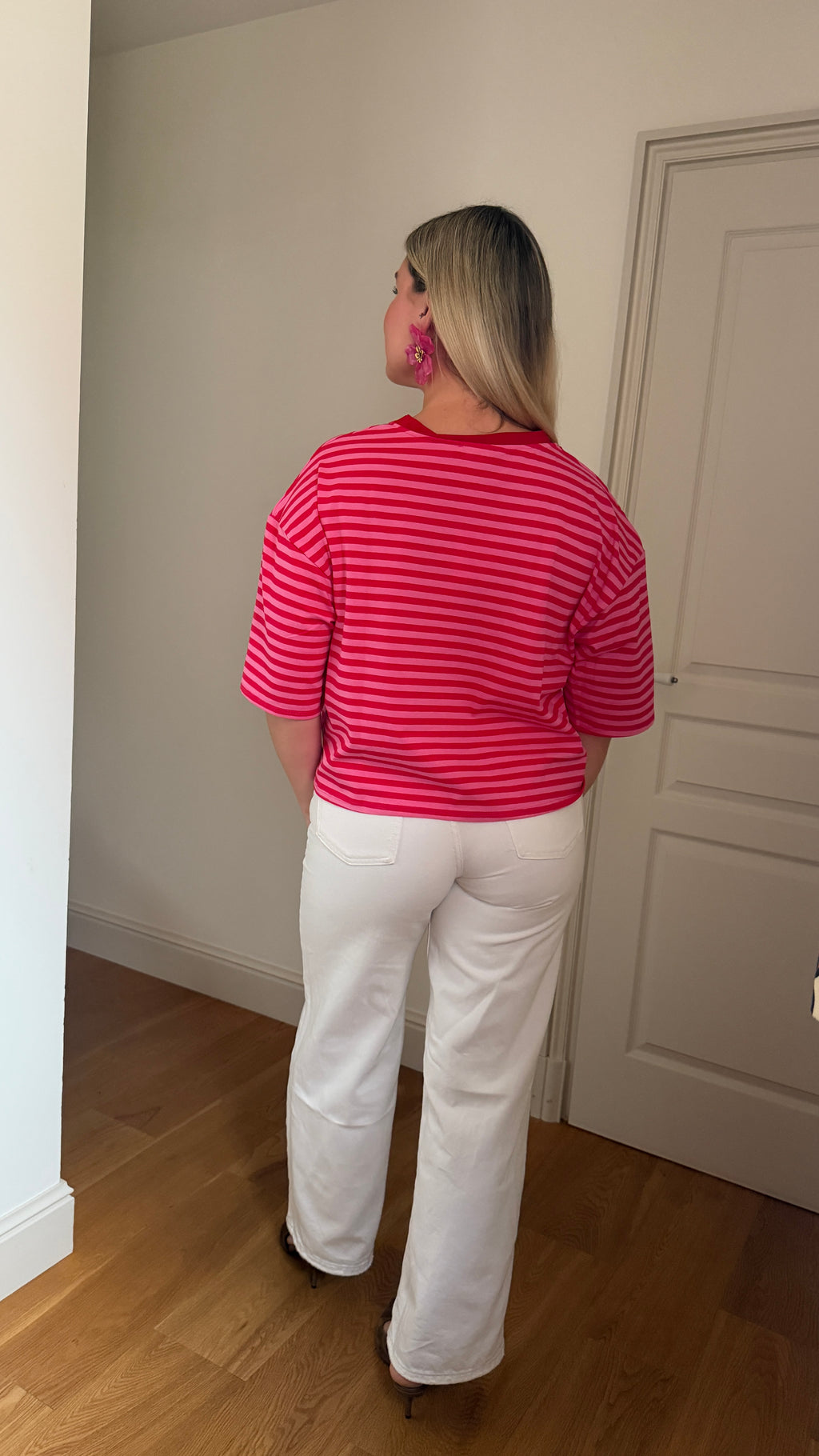 T-SHIRT À RAYURE ROSE/ROUGE - ÉNOLA