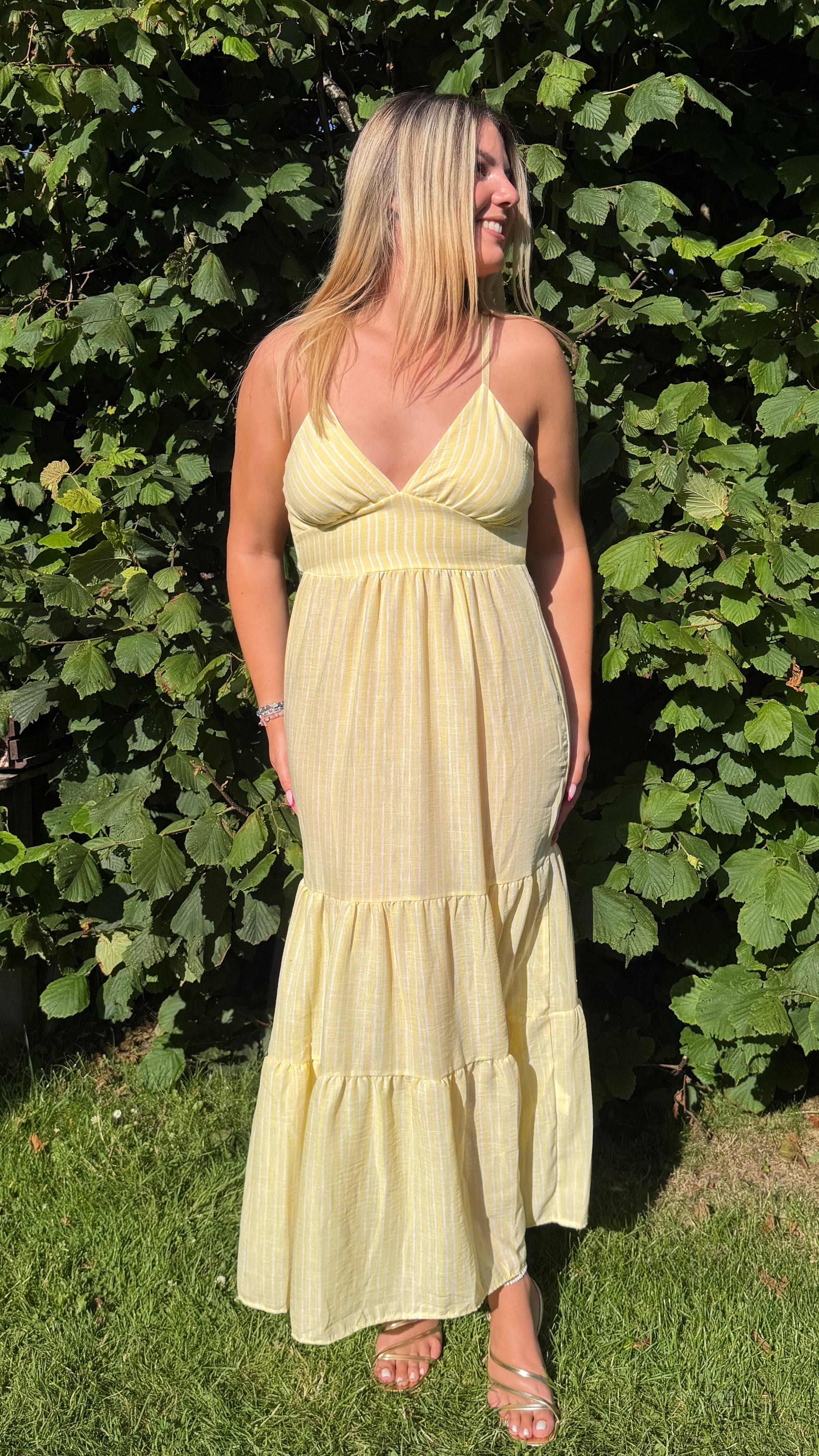 ROBE LONGUE DOS NU RAYÉE JAUNE/BLANC - ÉLIA
