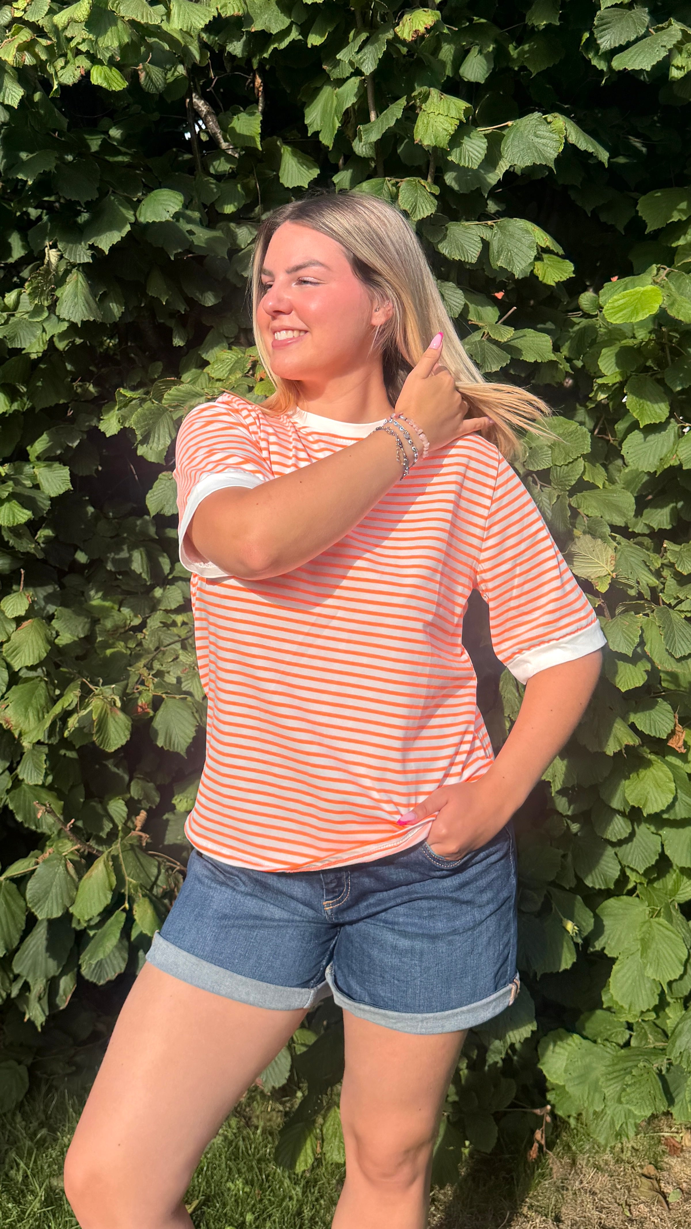T-SHIRT À RAYURES ORANGE/BLANC - OCÉANE